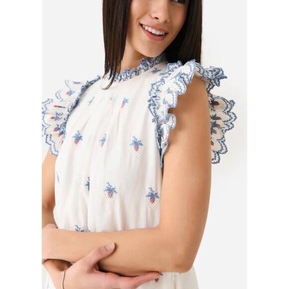 SEA NEW YORK Tuckernuck Cream Renee Embroidery Strawberry Scallop Mini Dress Sm - Picture 5 of 11